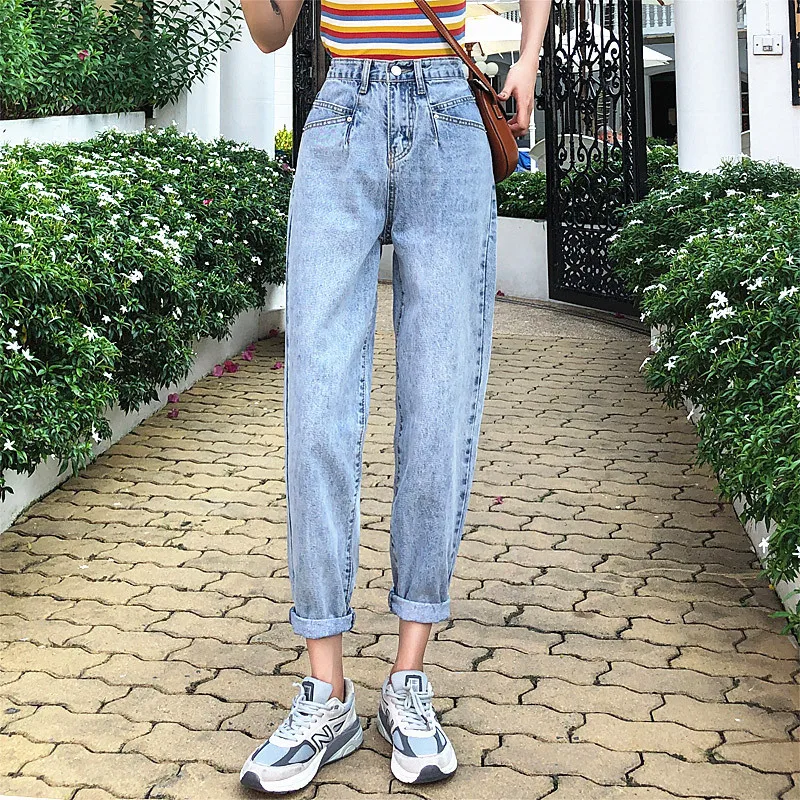 

mom jeans woman high waist boyfriend jeans for women 2 Pockets Vintage blue Washed korean fashion streetwear 2020 autumn winter