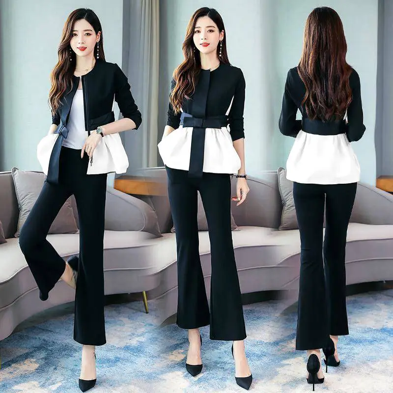 Женский костюм с длинным рукавом элегантные расклешенные брюки весна 2021 |