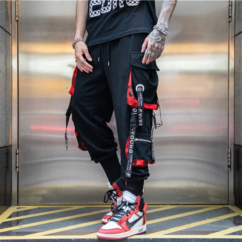 

2020 New Men Ribbon Multi-Pockets Pants Hip Hop Fashion Streetwear Elastic Waist Sweatpants Male Hit Color Trousers
