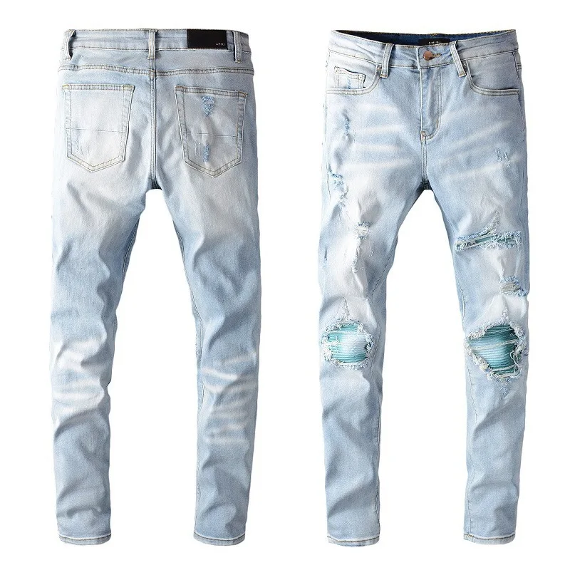 

fashion Amir amiligo Street hip hop wash hole blue embroidery jeans #645