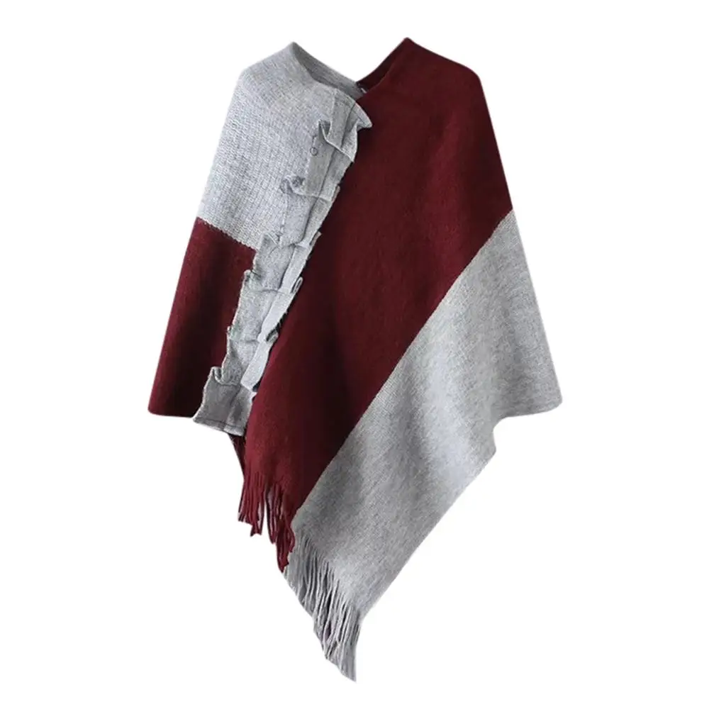 Зимний плащ Для женщин вязаный пэчворк Накидки с отложным воротником рюшами