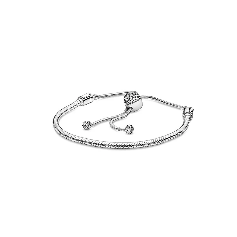 

100% S925 Sterling Silver Close Set Cz Love Button Adjustable Sliding Bracelet Is Suitable For Women To Wear Diy Jewelry