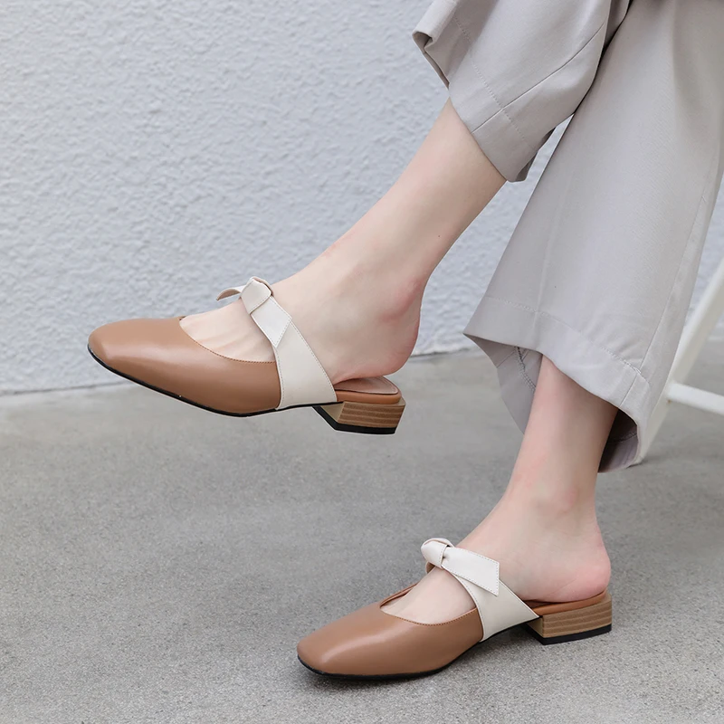 

Square Toe Shoes Woman low Heels 2021 Fashion Women Mules Genuine Leather Top Quality Party Office Lady Women Office shoes