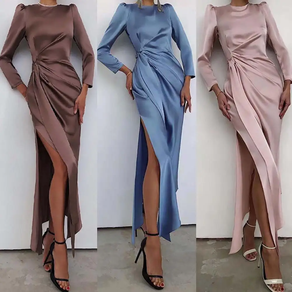 

O-Neck Waist Tight Maxi Christmas Elegant Dresses For New Year 2022 Long Sleeve Split Hem Solid Color Party Dress for Daily Wear