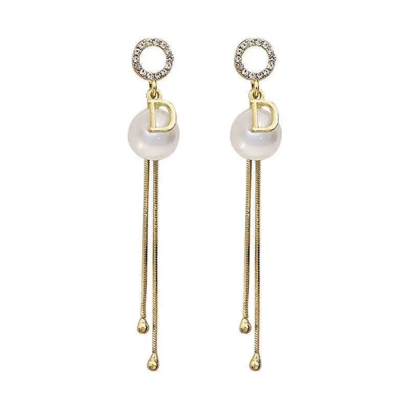 

Classic D Letter Round Opal Metal Tassel Long Drop Earrings For Woman 2021 Korean Fashion Jewelry Party Girls' Luxury Earrings