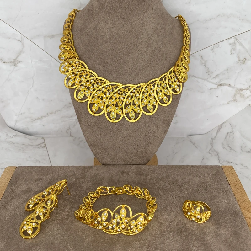 

India Gold Plated Jewelry Set For Female African Brides Gold Necklace Earring Set Dubai Nigerian Wedding Wholesale Wedding Gift