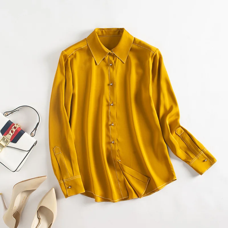 

Silk Double Qiao Satin Long Sleeve Shirt Women's 2021 Spring Shirt 23mm Stretch Contrast Mulberry Silk Square Collar Top