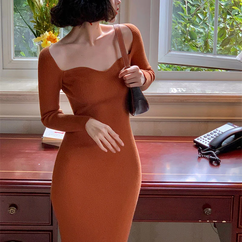 

FAKUNTN Dresses For Women Sexy Strapless Ribbed Knitted Bodycon Dress Women Winter Long Sleeve Midi Sweater Dress Clothes