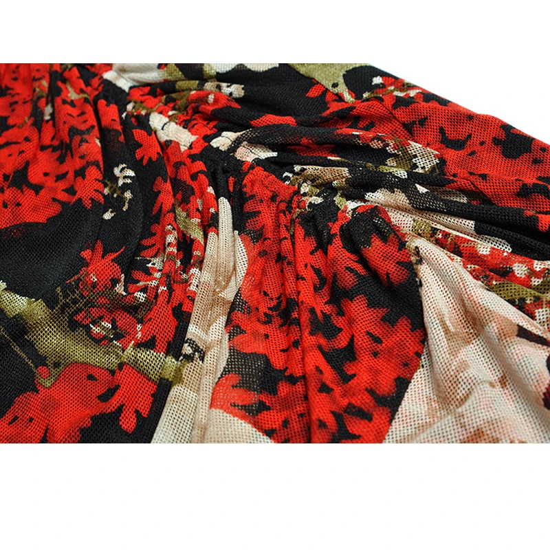 

SEQINYY Sheath Midi Dress Summer Spring New Fashion Design Women Runway New Shirring Elastic Mesh Flowers Printed Vintage