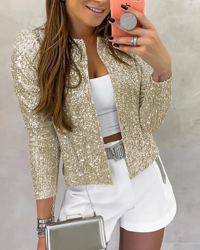 

2020 Women Elegant Fashion Casual Jacket Female Stylish Leisure Long Sleeve Open Front Sequin Coat