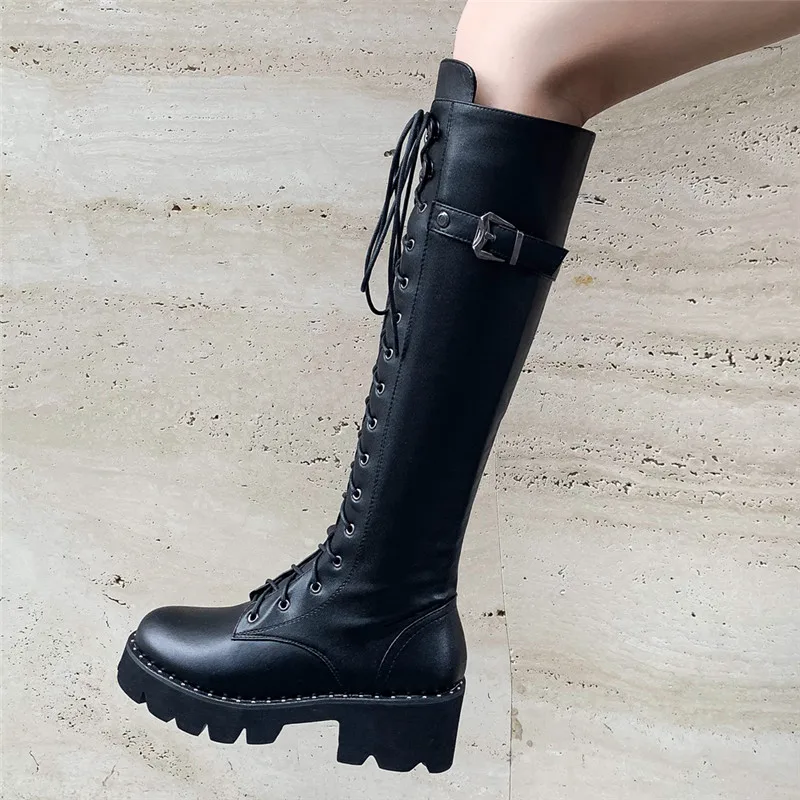 

MORAZORA hot sale knee high boots women genuine leather Motorcycle Boots punk autumn winter square heel platform shoes woman