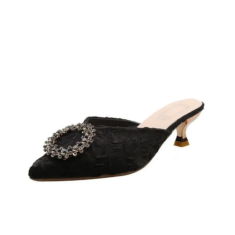 

Thin Heels Female Shoes Womens Slippers Outdoor Glitter Slides Low Mules Sexy Cover Toe Fashion 2021 Jelly Summer
