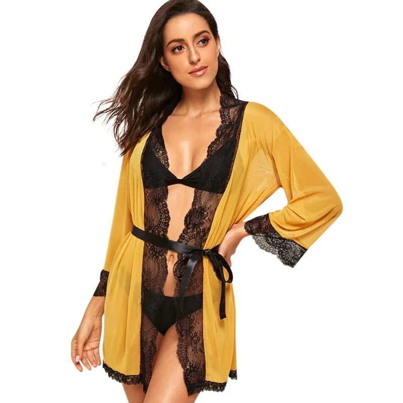 

Women Sexy Mesh Large Size Nightwear Robes Underwear Lace Solid Color Perspective Lace Robe Nightwear Sleepwear W1
