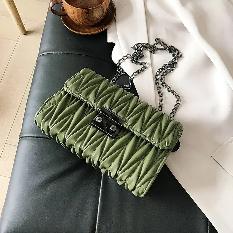 

Bags For Women Small Square Ruched Leather Shoulder Bags Female Fashion Luxury Designer Branded Chain Crossbody Handbags Clutch
