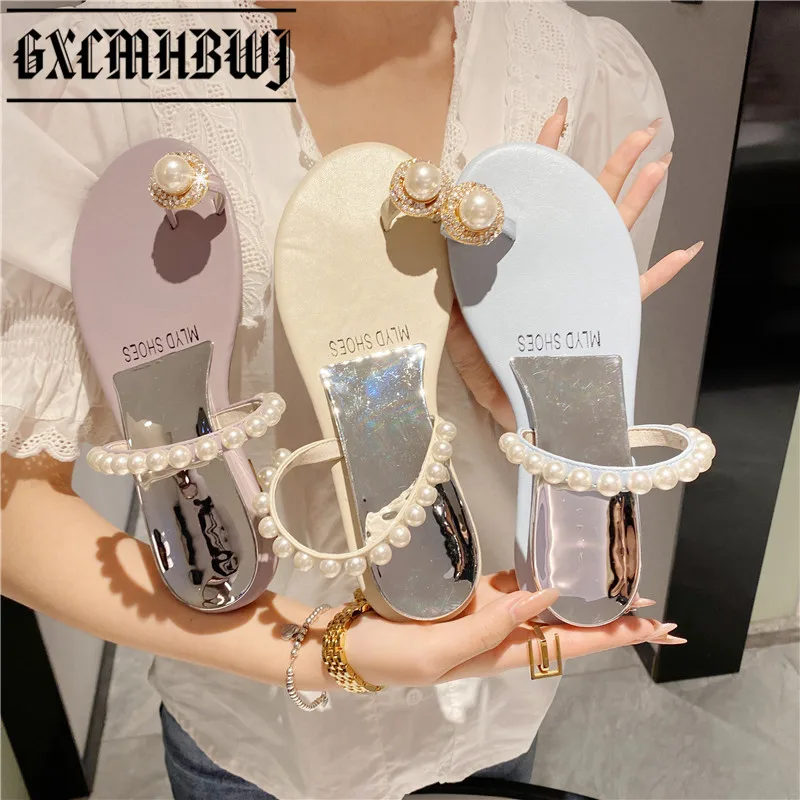 

GXCMHBWJ 2021 Summer New Women's Pinch Flash Drill Sandals Slippers Women Fashion Wild Rhinestone Flip-flops Pearl Flat Slippers