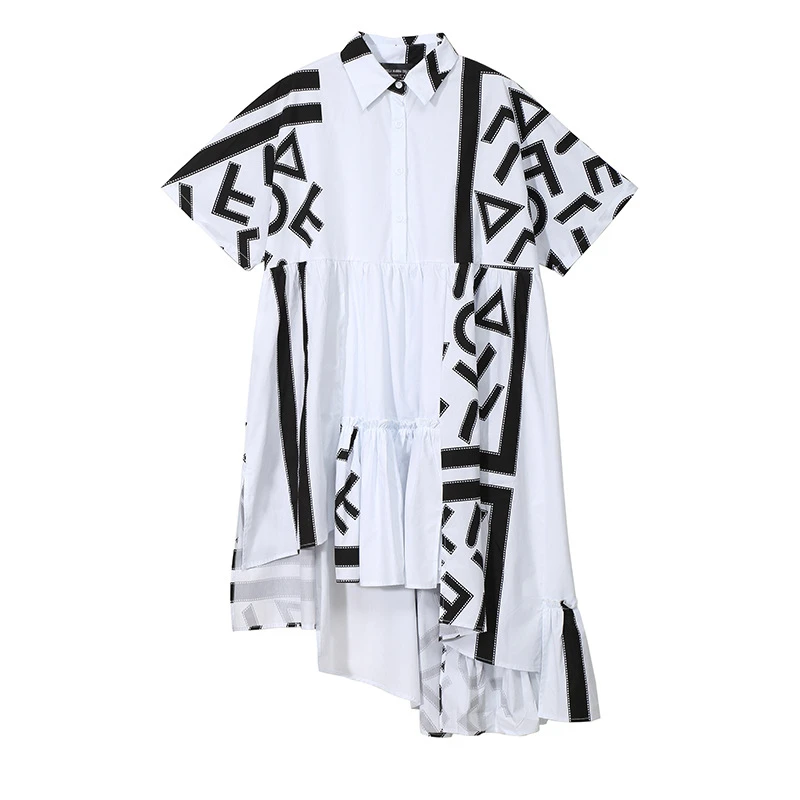 

Women Back Long Pattern Printed Big Size Dress New Lapel Short Sleeve Loose Fit Fashion Spring Summer 2021