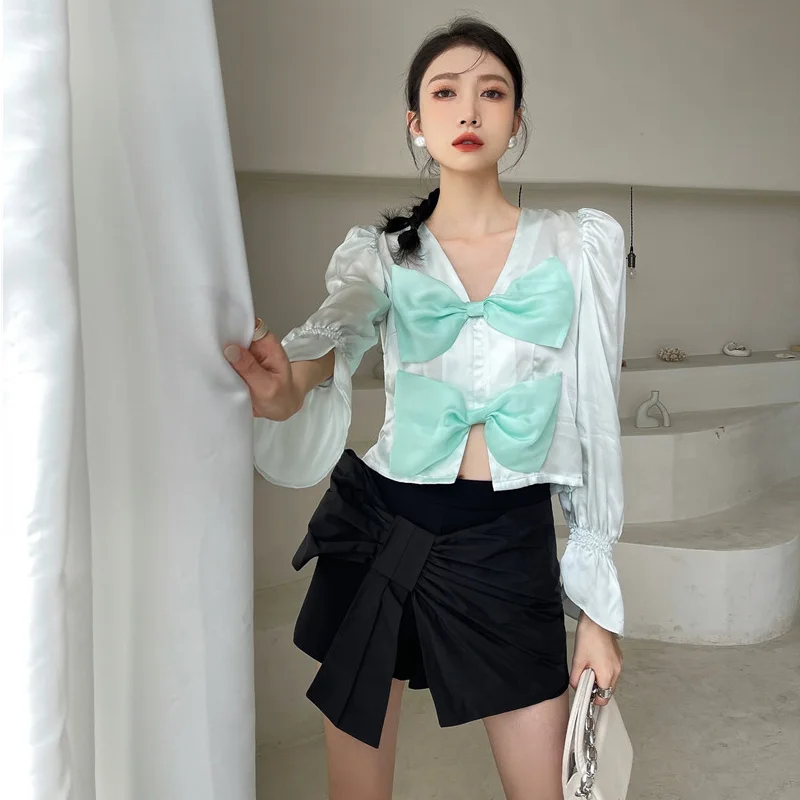 

Kimotimo Women 2 Piece Set Summer Green Bow V-neck Long Sleeve Blouse + High Waist Solid Design Wide Leg Shorts Korean Fashion