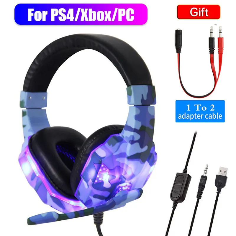 

Camouflage Gaming Headphones with Microphone For Pubg LED Light Wired headset For PC Laptop PS4 Xbox