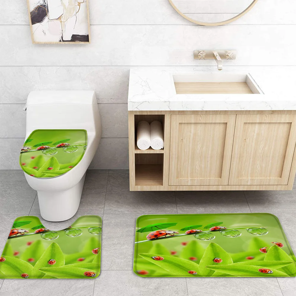 Прочная водонепроницаемая занавеска для душа с зелеными листьями божьей коровки