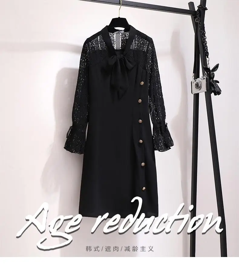 2XL-6XL женское кружевное платье большого размера осенние повседневные свободные офисные платья больших размеров Большие размеры 5XL Женские черные кружевные рабочие платья