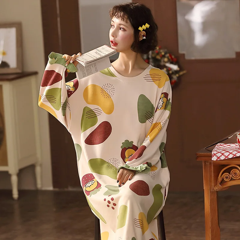 

2021 New Women's Nightie Cute Cartoon Pajamas Long Sleeve Autumn Female Fruit Sleepwear Cotton Nightdress Girl Home Clothes 3XL
