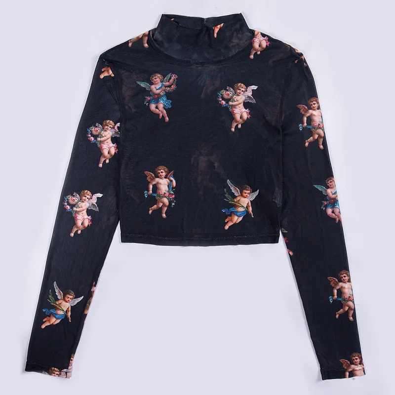 

Women Tshirt Crop Top Long Sleeve Little Angel Net Gauze Print Autumn Tops Cupid High Neck Midriff Club Party Streetwear