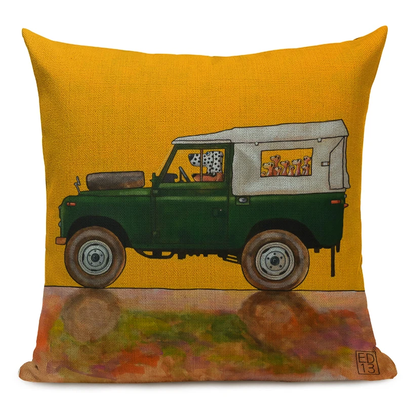 Hot Sale Pillow Lovely Cartoon Dog Cat Color Driving Car Vintage Almofadas 45X45CM Linen Pillow Decorative Linen Cushion Cover