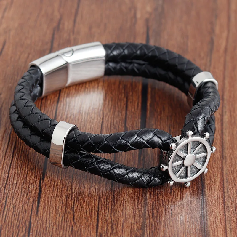 Handmade Retro Rudder Leather Bracelet Vintage Braided Magnetic Clasp Bangle Male Accessories Hand Jewelry | Украшения и