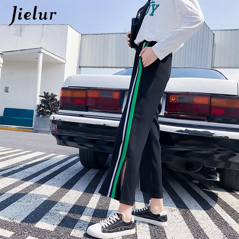Jielur Autumn Loose Split Casual Korean Women Pants White Red Green Striped Hipster Wide Leg Straight Classic Trousers XXL | Женская