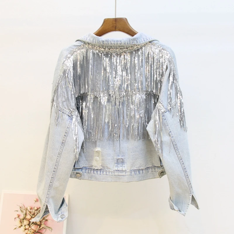 2019 Осенняя новая джинсовая куртка с блестками и кисточками Женская свободная