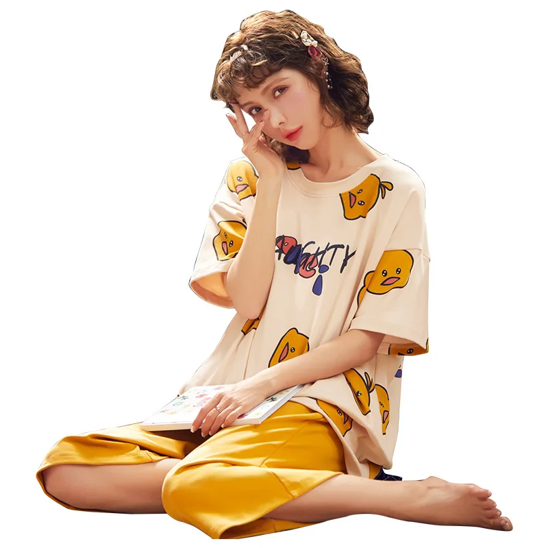 

Cute Duckling Pattern Women Pajamas Loose Casual Short Sleeve Tops Home Service Large Size Comfortable Shorts Sleepwear Ladies
