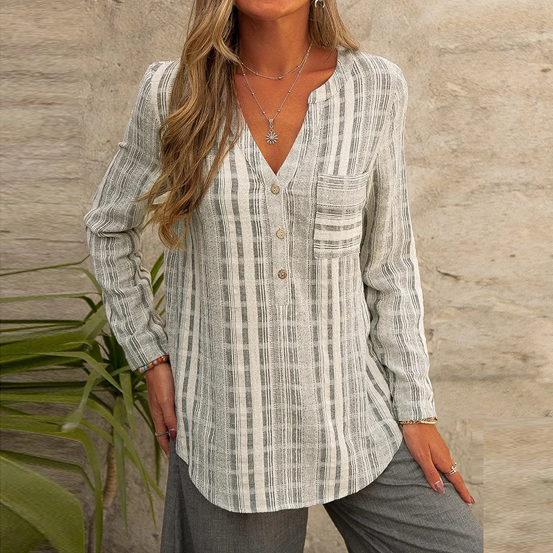 Женская Повседневная рубашка в клетку полоску с V-образным вырезом на пуговицах