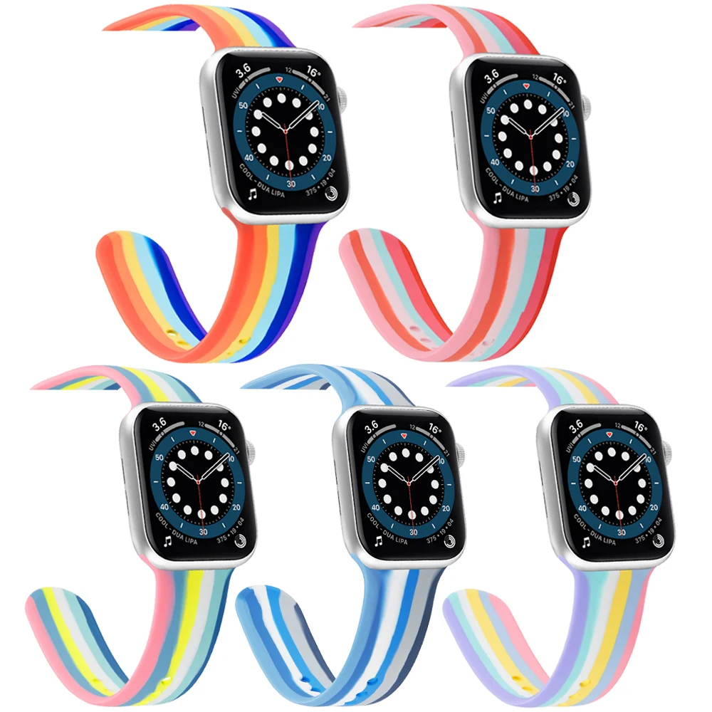 

Ремешок силиконовый Радужный для Apple Watch band 6 5 4 3 2 1 SE, дизайнерский цветной браслет для наручных часов IWatch 44 мм 40 мм 42 мм 38 мм