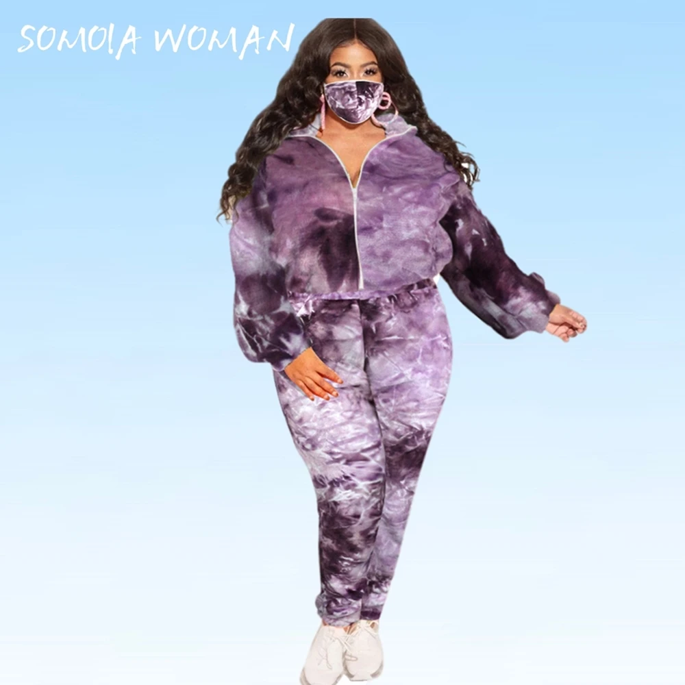 

Plus Size Women's Clothing L-5XL Fashion Tie-dye Print Two Piece Set Winter Woman Clothes Hooded Sweater Elastic Matching Sets