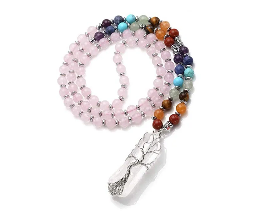 

FYJS Unique Female Gift Silver Plated Wire Wrap Irregular Shape Rock Crystal Pendant Rose Pink Quartz Beads Chain Necklace