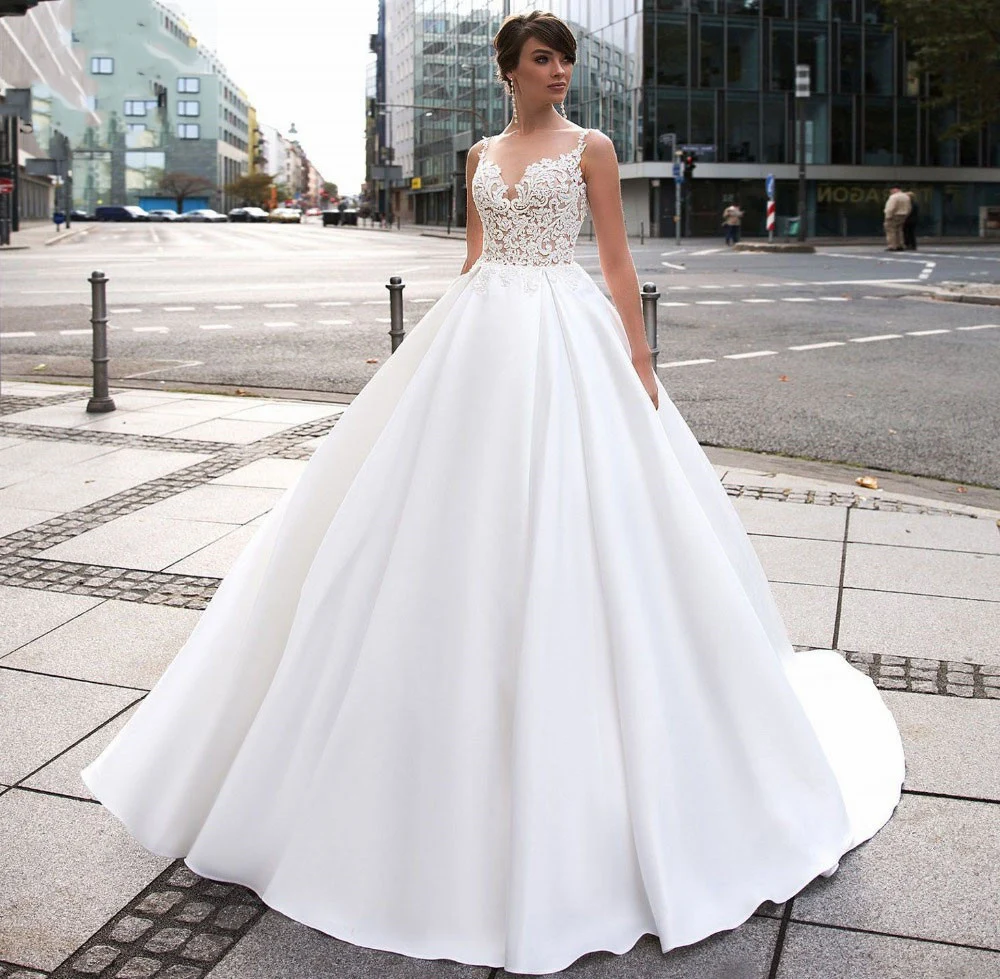 Hi Shy Bride New Simple Wedding Dress Backless Sleeveless Design Chiffon Lace Dresses Princess Plus Size Tailor-made