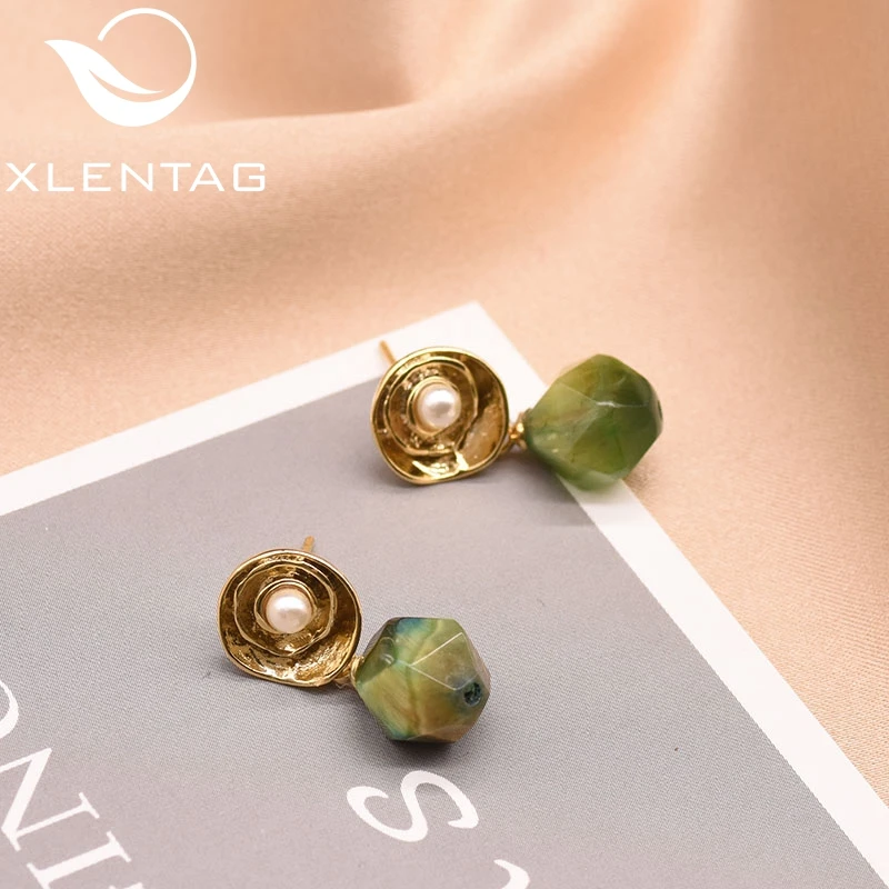 XlentAg, натуральный зеленый камень, белый пресноводный жемчуг, серьги для женщин, 925 серебро, висячие серьги, Brincos Prata, ювелирное изделие, GE0103B