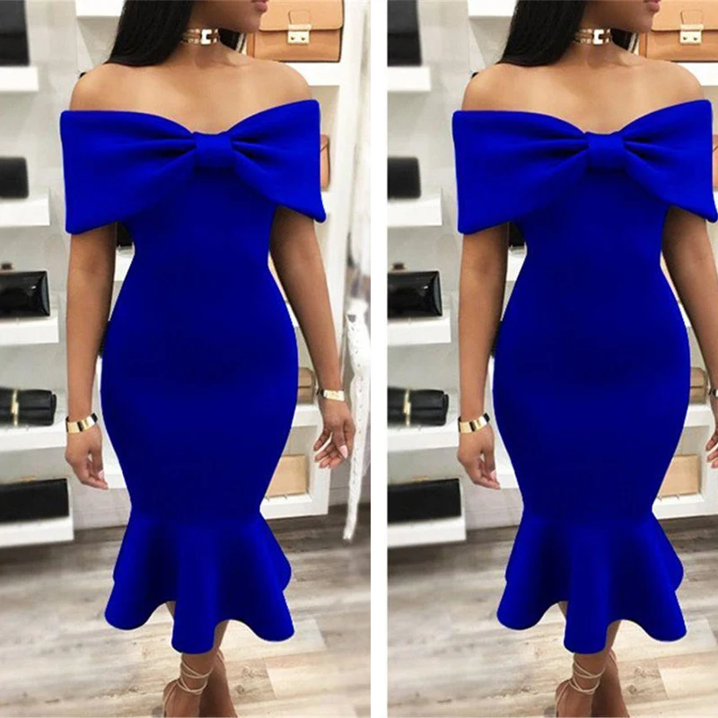

Sexy Cheap Off The Shoulder Royal Blue Sheath Evening Dresses Gowns Wedding Guest Dresses With Bow