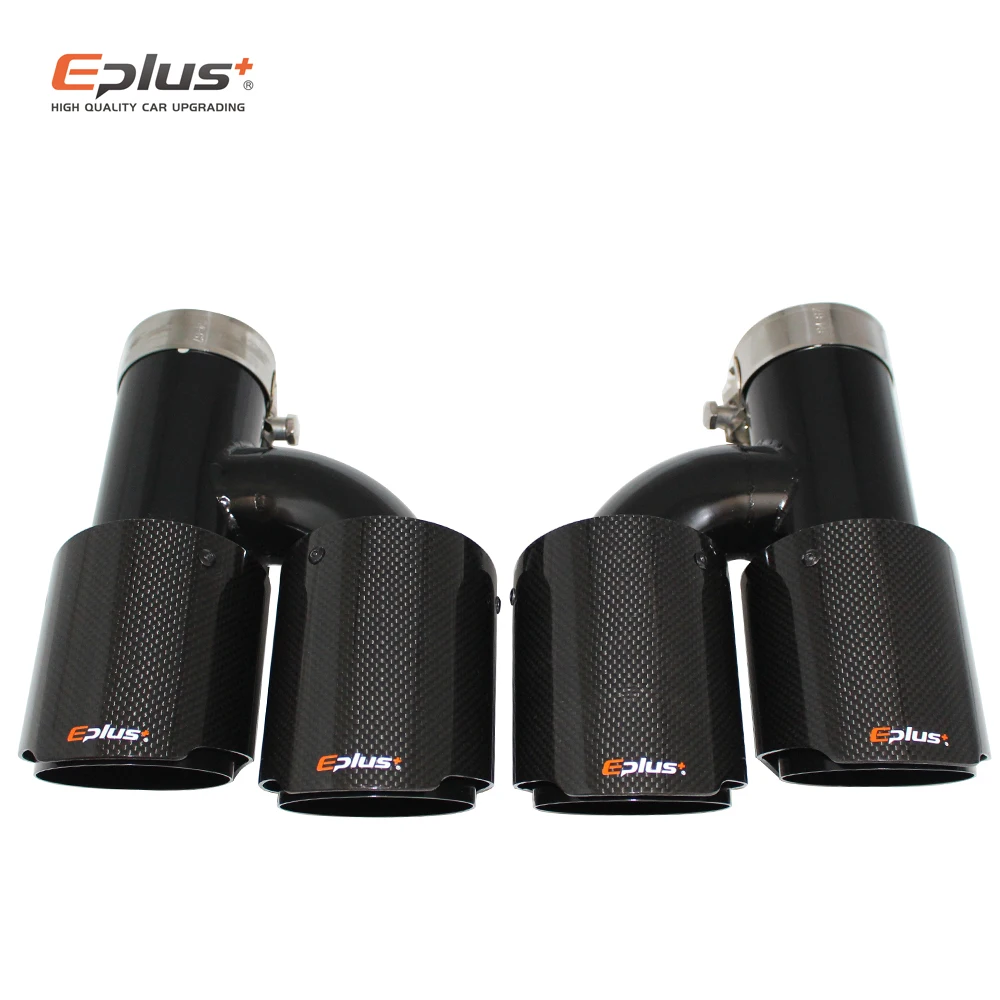 EPLUS Car Carbon Fiber Glossy Muffler Tip H Shape Double Exit Exhaust Pipe Mufflers Nozzle Decoration Universal Stainless Black
