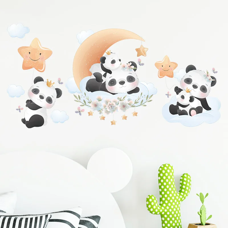 

Cartoon Panda Moon Star Cloud Flower Wallpaper Children's Bedroom Wall Decoration Wall Sticker Self-Adhesive