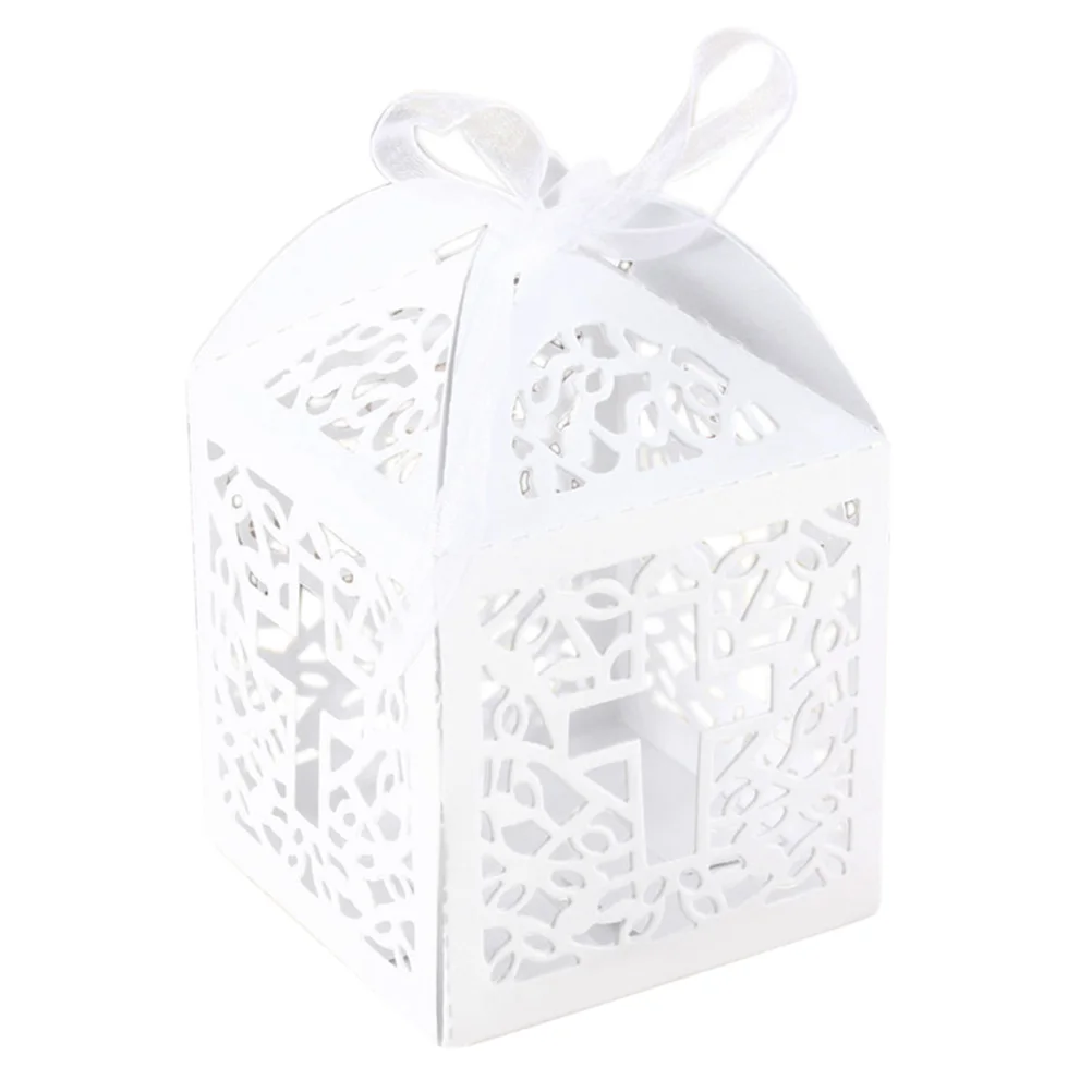

10Pcs / Pack White DIY Ribbon Paper Boxes Laser Cut Out Cross Gift Candy Box Wedding Party Favor Boxes Storage