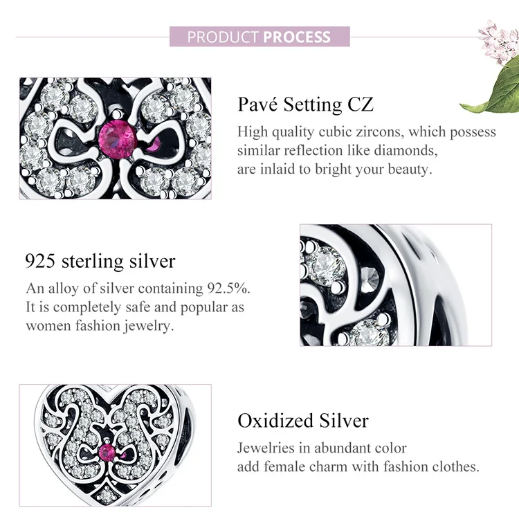 

2021 NEW Vintage Heart-shape Metal Beads CZ Pendant Spring Charm fit Original Bracelet Jewelry 925 Silver Accessories DIY Making