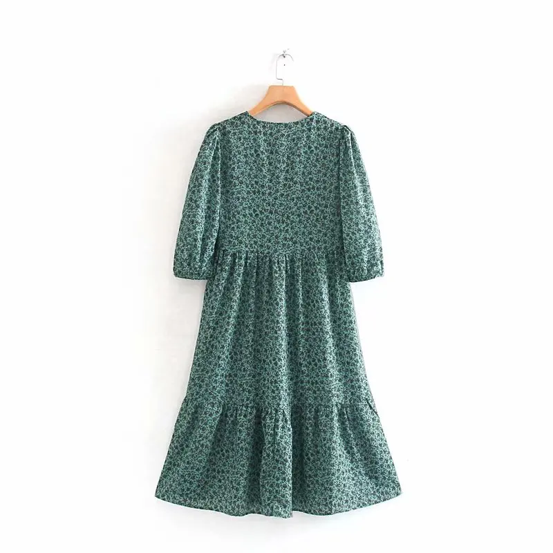 Женское элегантное платье миди с круглым вырезом и цветочным принтом