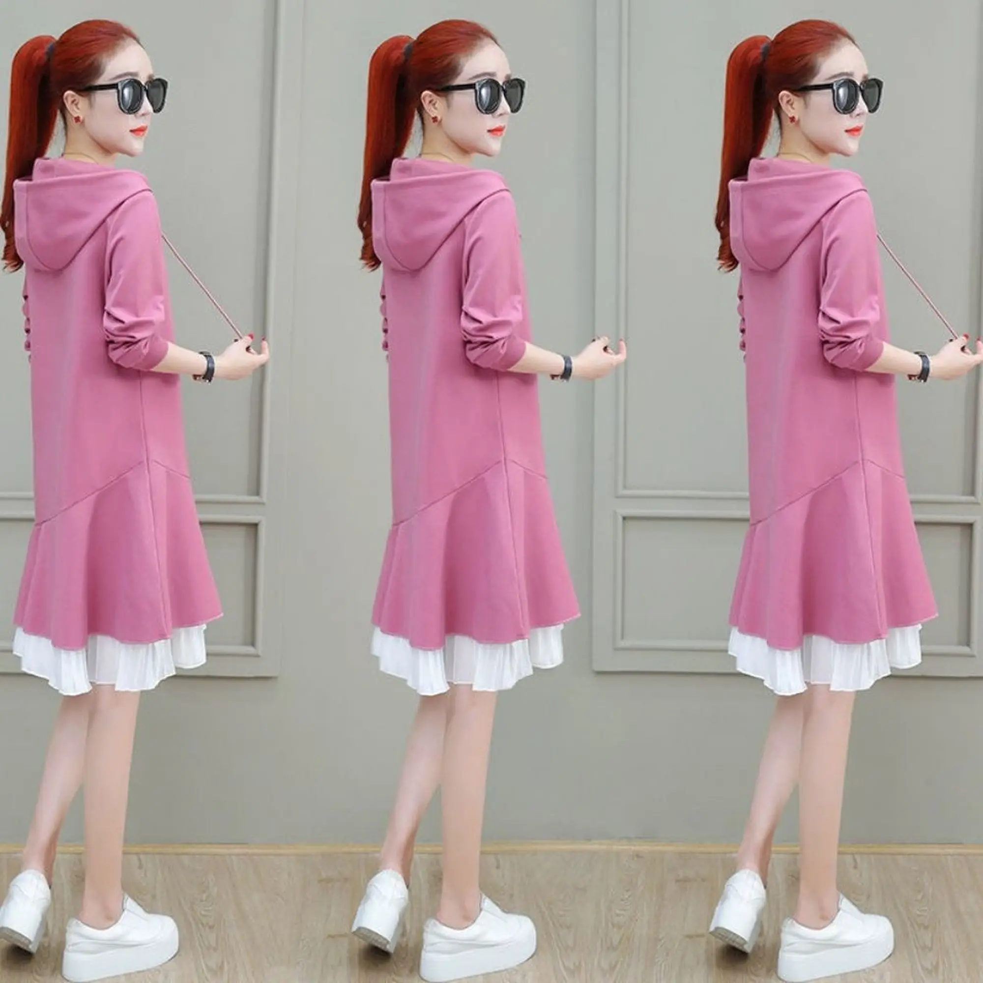 

Fall 2020 new women's fashion Ruffle Skirt dress casual hooded medium length sweater skirt fashion
