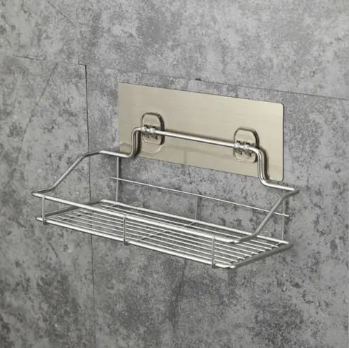 

Stainless Steel Shelf Shower Basket Bathroom Wall Mounted Storage Rack Adhesive Toothbrush Stuffs Bathroom Storage Organization
