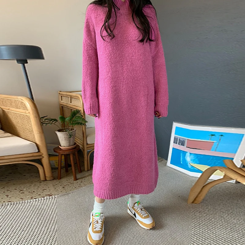 

Casual Loose Sweater Dress Winter Women Warm Long Purple Dress Oversized Fashion Knitting Dresses Long Pullovers Vintage Boho