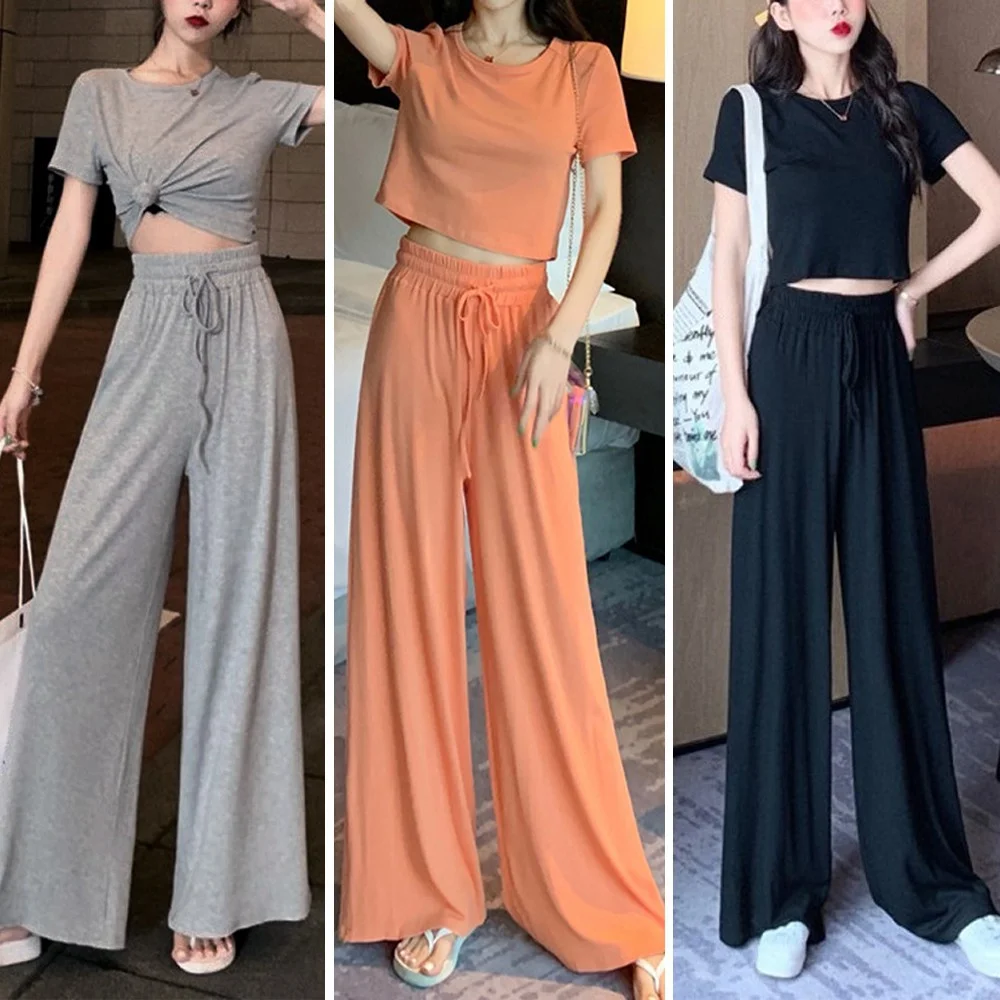 

2Pcs Women Plain Short Sleeve Shirts Pants Suit High Waist Soft Casual Korean Style