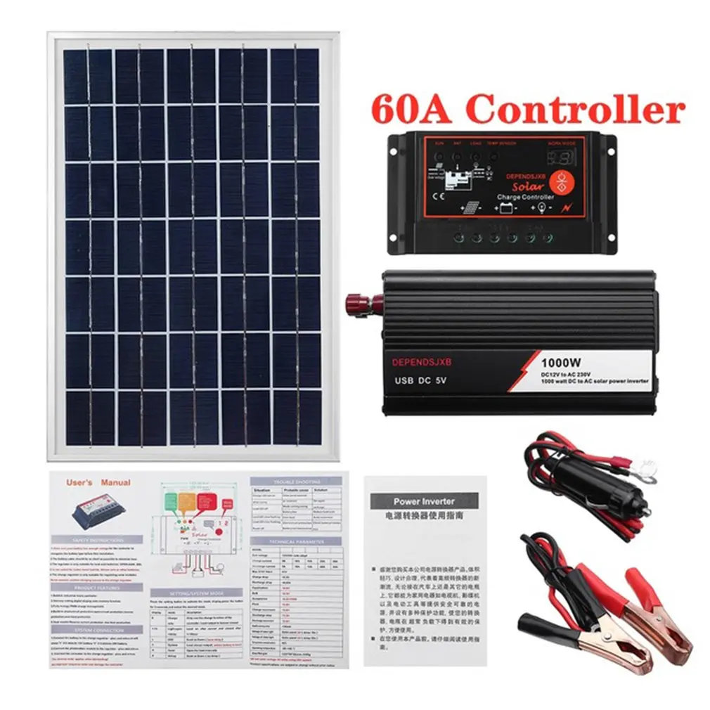 

1000W Solar Panel System 18V 20W Solar Panel 60A Charge Controller Solar Inverter Kit Complete Power Generation Solar Panel