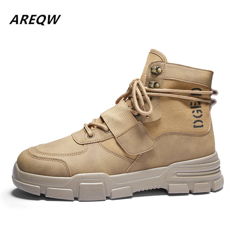 2019 г. Мужские высокие ботинки однотонные ботильоны на плоской подошве в стиле