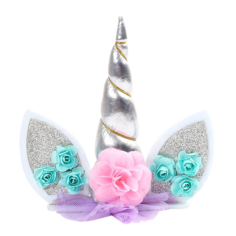 

Unicorn Birthday Cake Decor Topper Cute Horn Ears Flower Party Ornament Prop